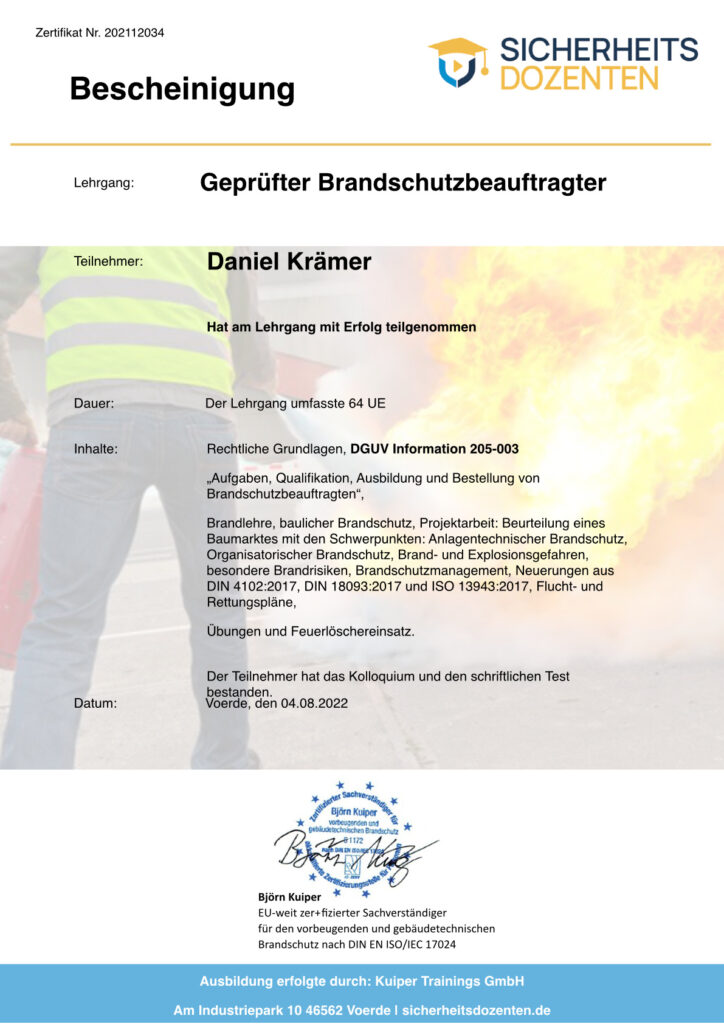 Brandschutz-Zertifikat von Daniel Krämer