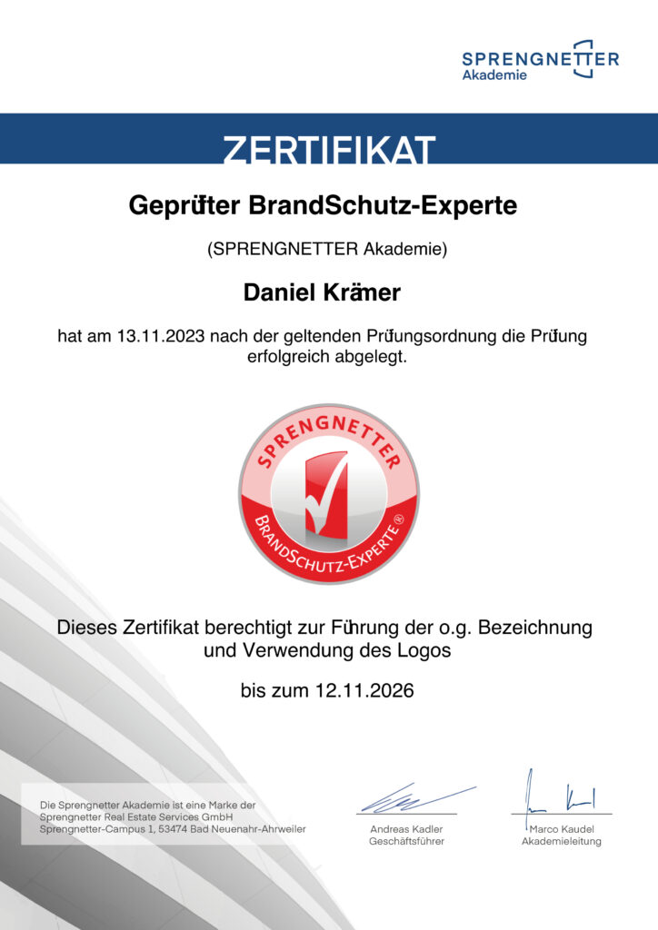 Bradnschtzzertifikat der Sprengnetter Akademie für Daniel Krämer