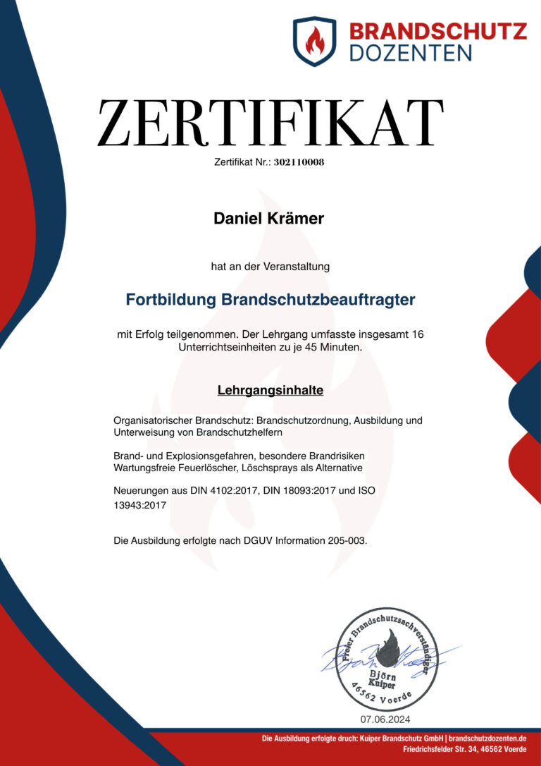 Brandschutz Daniel Krämer Zusatzzertifikat