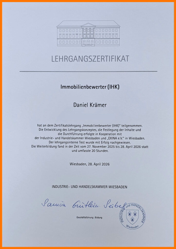 Zertifikat Daniel Krämer Bauberatung IHK Immobilienbewerter