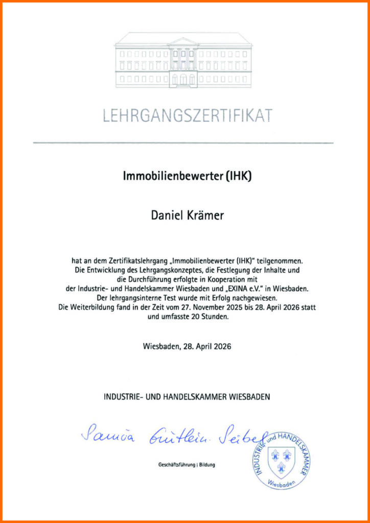 Zertifikat Daniel Krämer Bauberatung IHK Immobilienbewerter